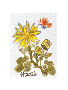 ACEO Original Art Watercolor Butterfly and Chrysanthemum Mini Painting ATC